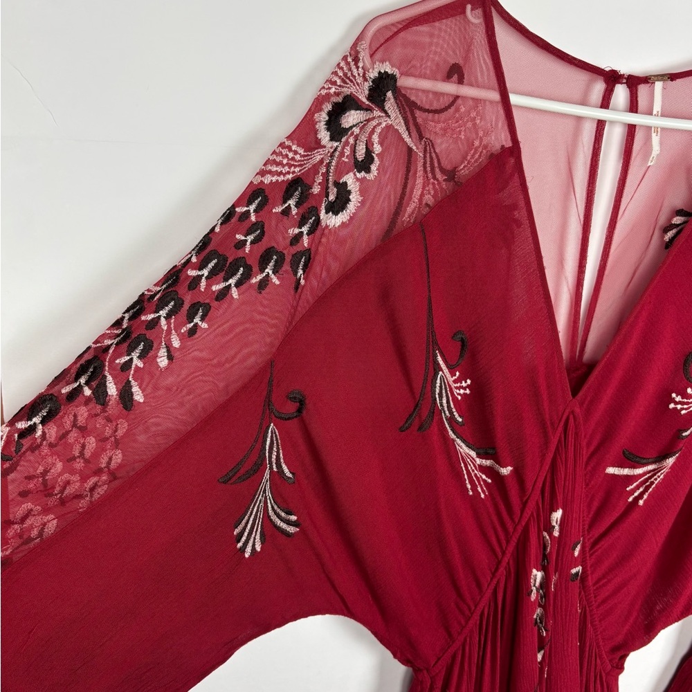 Free People Bonjour Floral Embroidered Long Sleeve Mini Dress Size Small Red - Picture 8 of 13